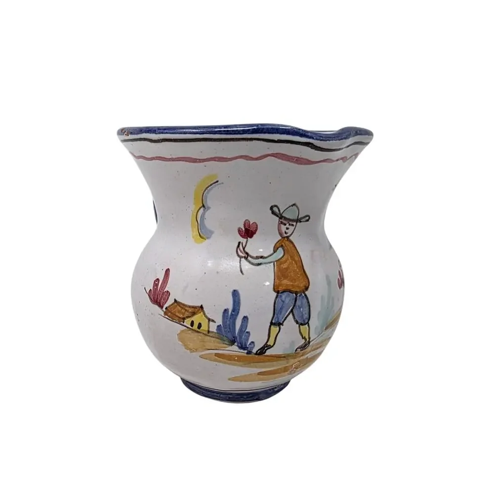 Vintage Italian Hand Painted Pottery Creamer Peasant Folk Art Pitcher